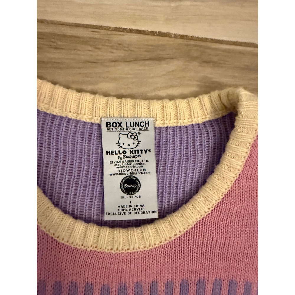 BoxLunch Sanrio Hello Kitty Pastel Rainbow Knit Sweater Heart Graphic Large - Picture 2 of 6